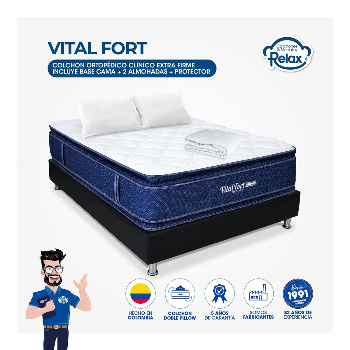 COLCHONES RELAX - Colchón con Base Cama Doble Firme Doble Pillow Espumado Vital Fort 140 x 190 cm + 2 Almohadas + Protector Colchones Relax