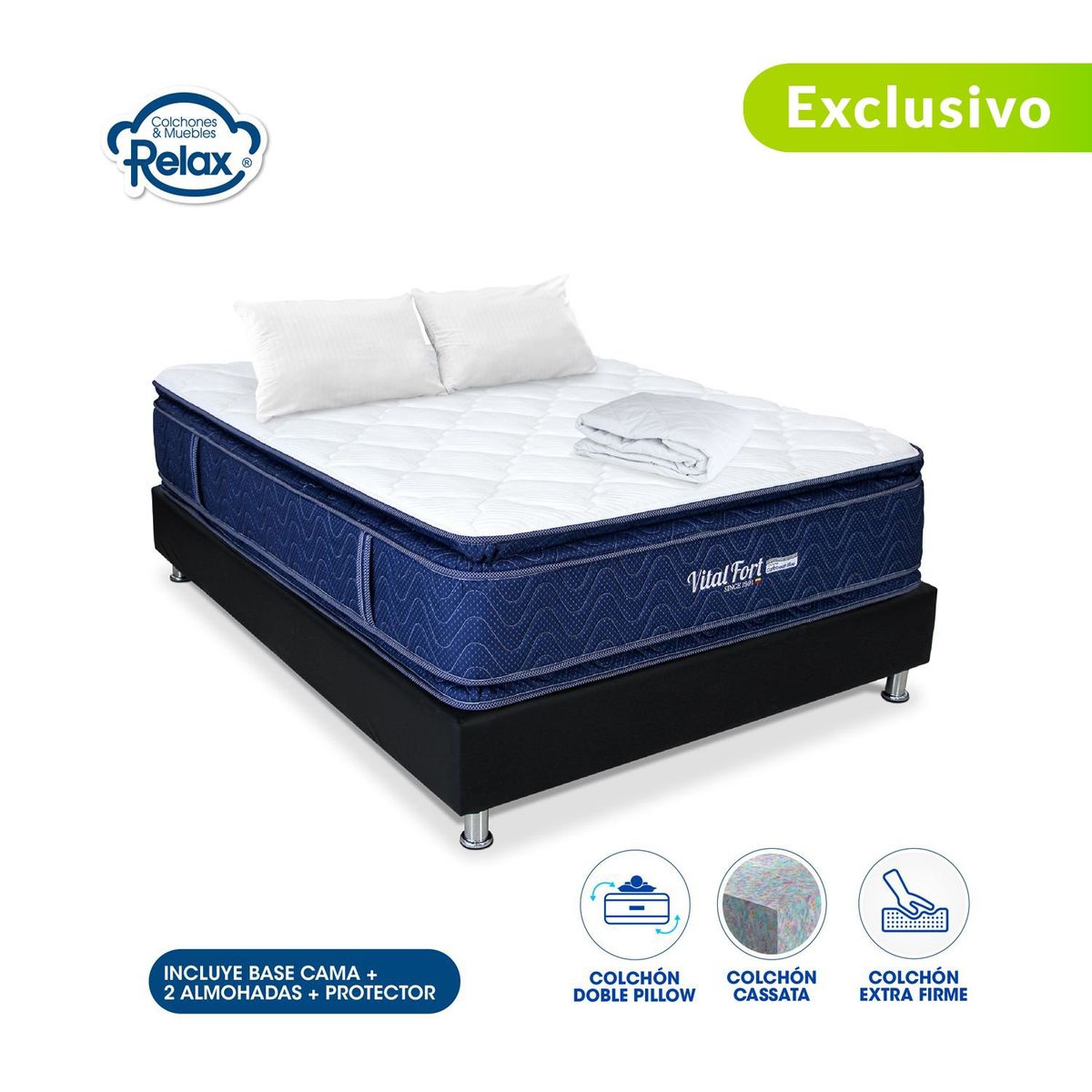 COLCHONES RELAX - Colchón con Base Cama Queen Firme Doble Pillow Espumado Vital Fort 160 x 190 cm + 2 Almohadas + Protector Colchones Relax
