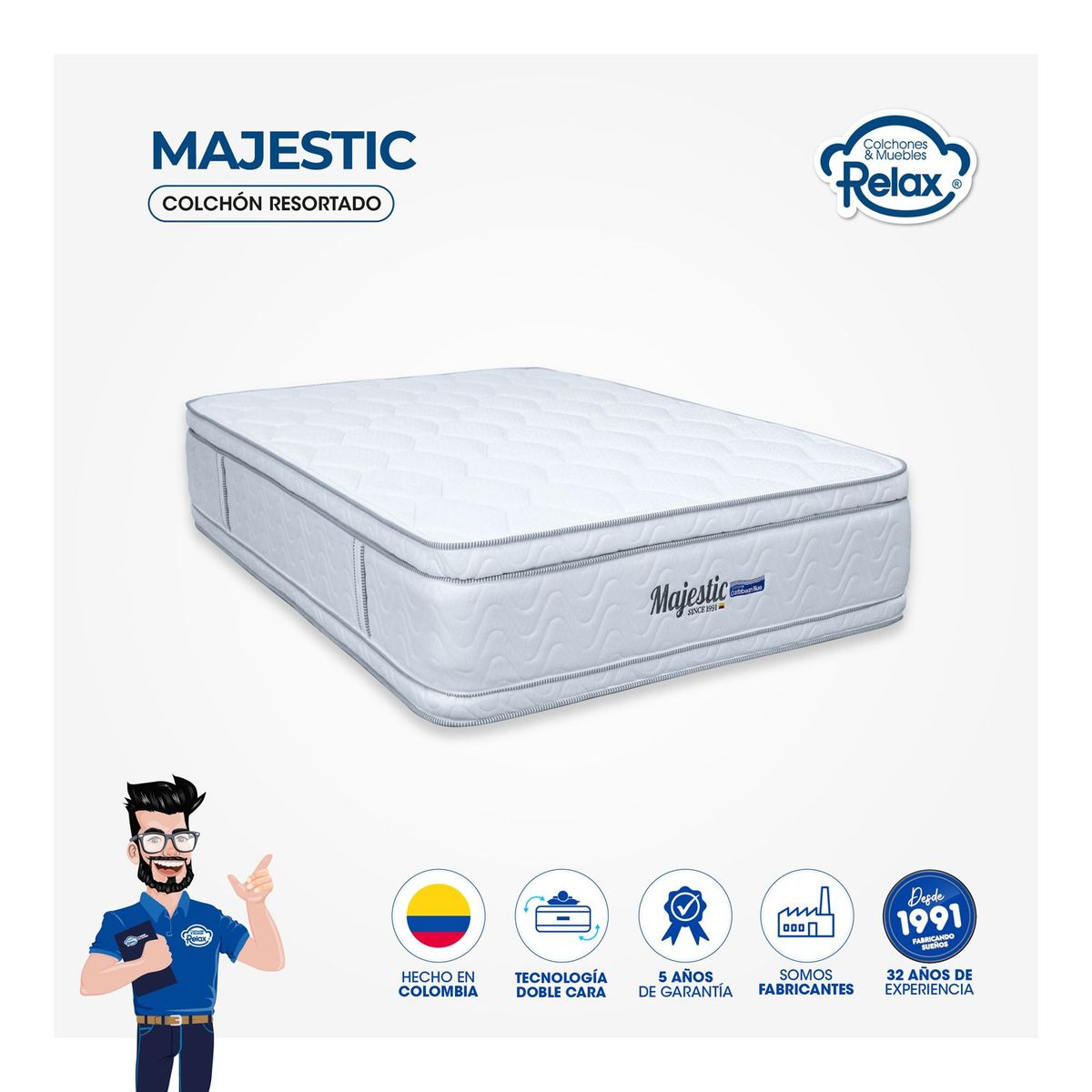 COLCHONES RELAX - Colchón SemiDoble Firmeza Media Ortopédico Doble Pillow Resortado Majestic 120 x 190 cm Colchones Relax