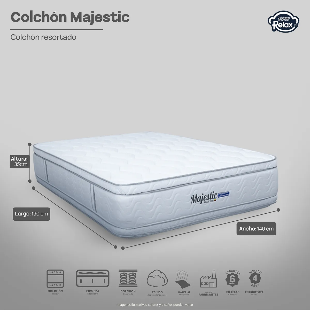 COLCHONES RELAX - Colchón Doble Firmeza Media Doble Pillow Resortado Majestic 140 x 190 cm Colchones Relax