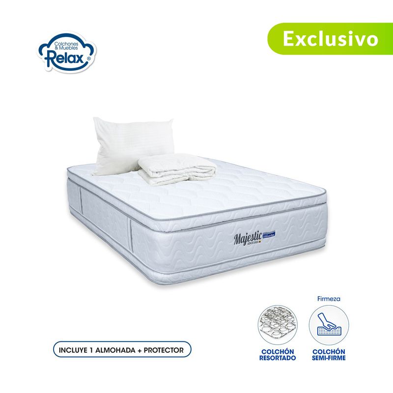 COLCHONES RELAX - Colchón SemiDoble Firmeza Media Ortopédico Doble Cara Resortado Majestic 120 x 190 cm + Almohada + Protector Colchones Relax - 0% Interés a 3 Cuotas Pagando con tu CMR Banco Falabella