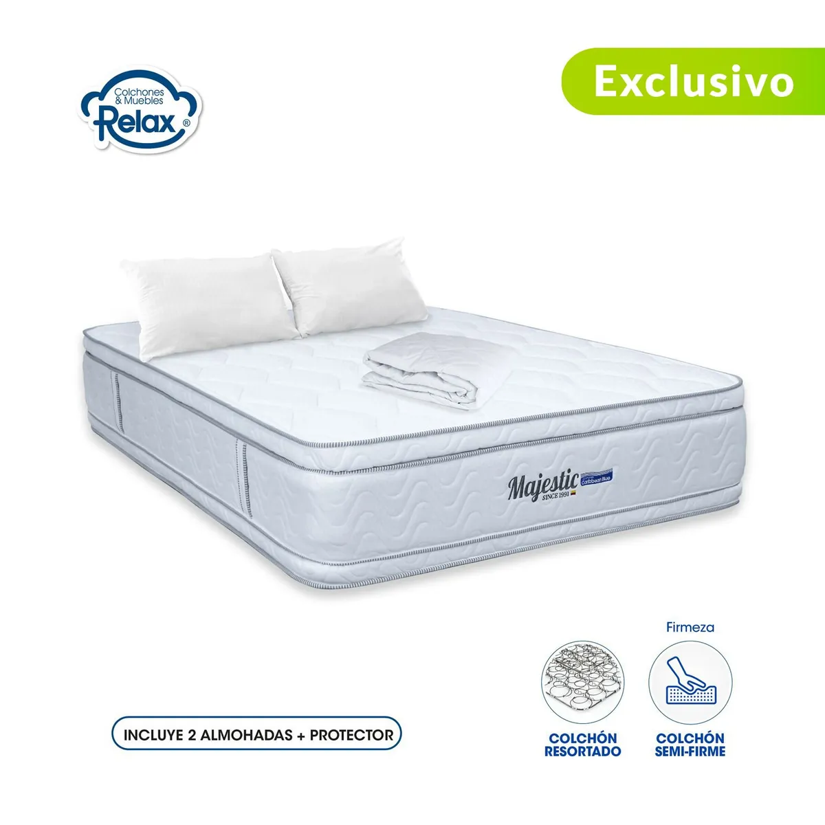 COLCHONES RELAX - Colchón Doble Firmeza Media Ortopédico Doble Cara Resortado Majestic 140 x 190 cm + 2 Almohadas + Protector Colchones Relax