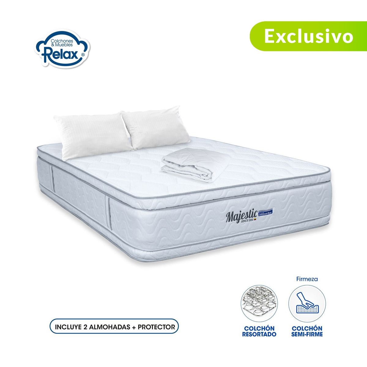 COLCHONES RELAX - Colchón Doble Firmeza Media Ortopédico Doble Cara Resortado Majestic 140 x 190 cm + 2 Almohadas + Protector Colchones Relax