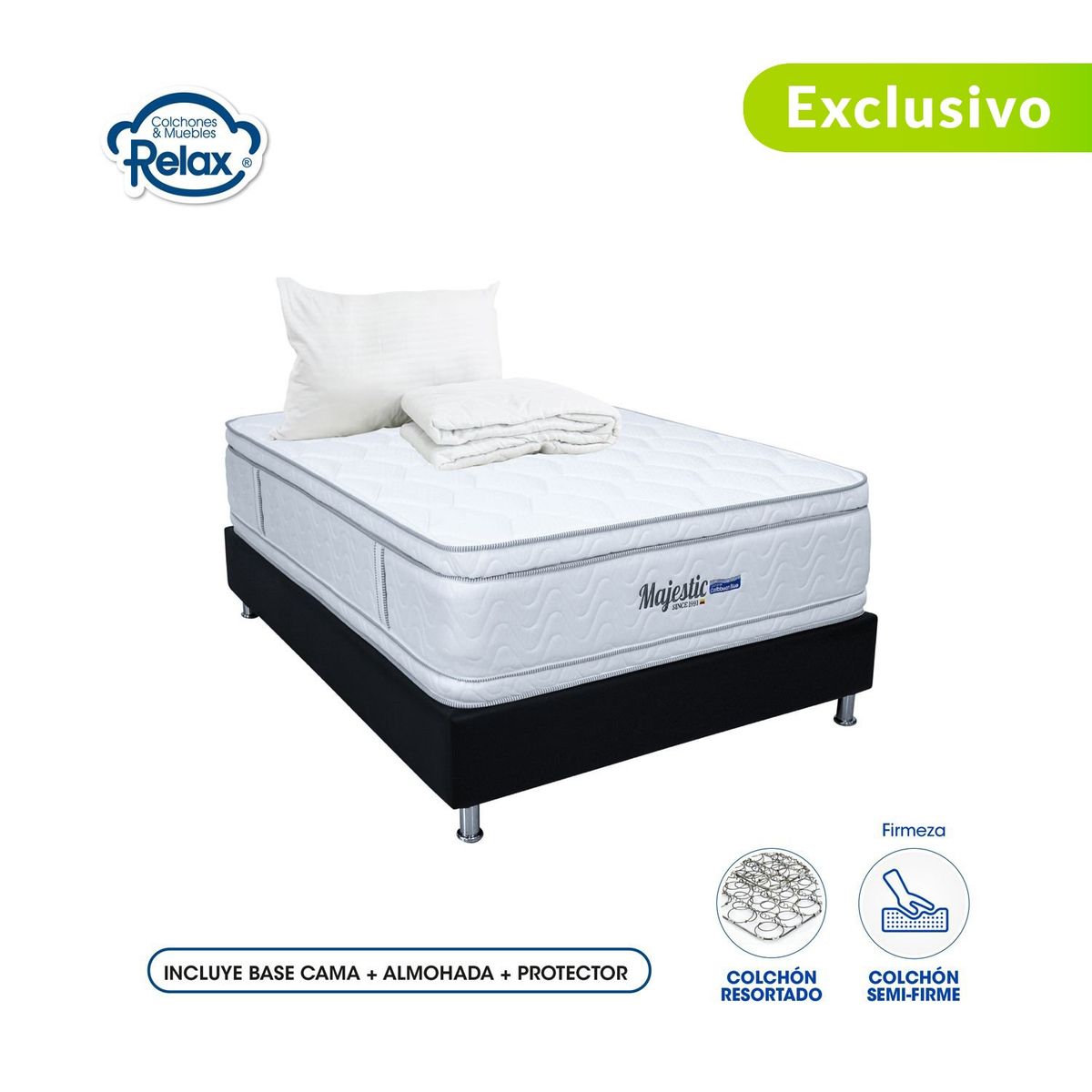 COLCHONES RELAX - Colchón con Base Cama Sencillo Firmeza Media Ortopédico Doble Cara Resortado Majestic 100 x 190 cm + Almohada + Protector Colchones Relax