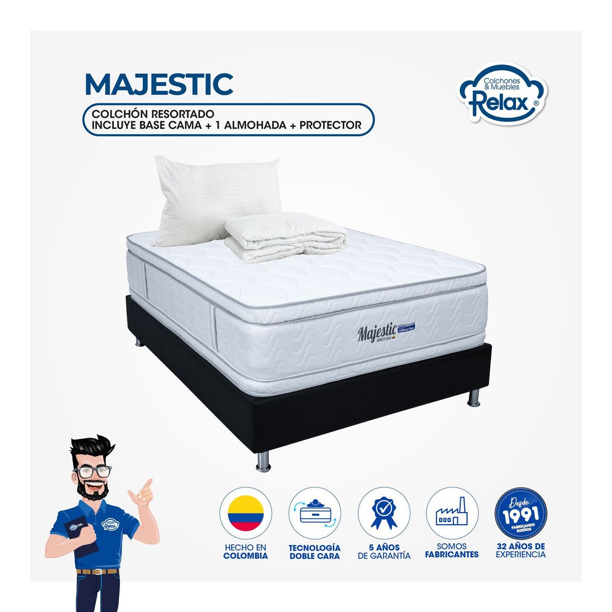 COLCHONES RELAX - Colchón con Base Cama Sencillo Firmeza Media Ortopédico Doble Cara Resortado Majestic 100 x 190 cm + Almohada + Protector Colchones Relax