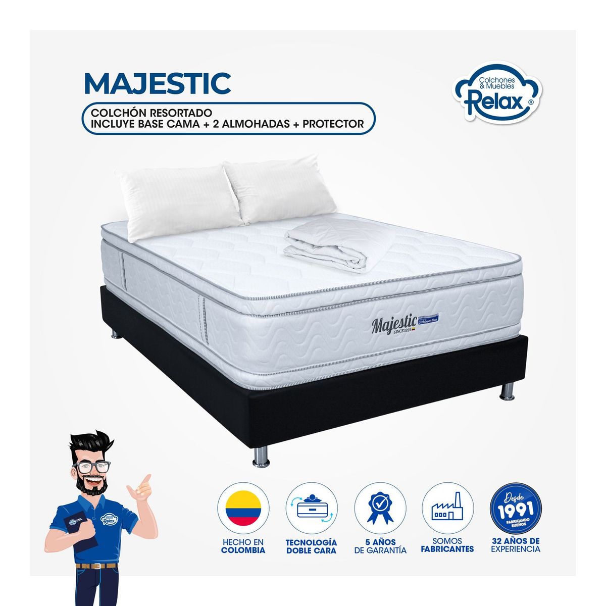 COLCHONES RELAX - Colchón con Base Cama Doble Firmeza Media Ortopédico Doble Cara Resortado Majestic 140 x 190 cm + 2 Almohadas + Protector Colchones Relax