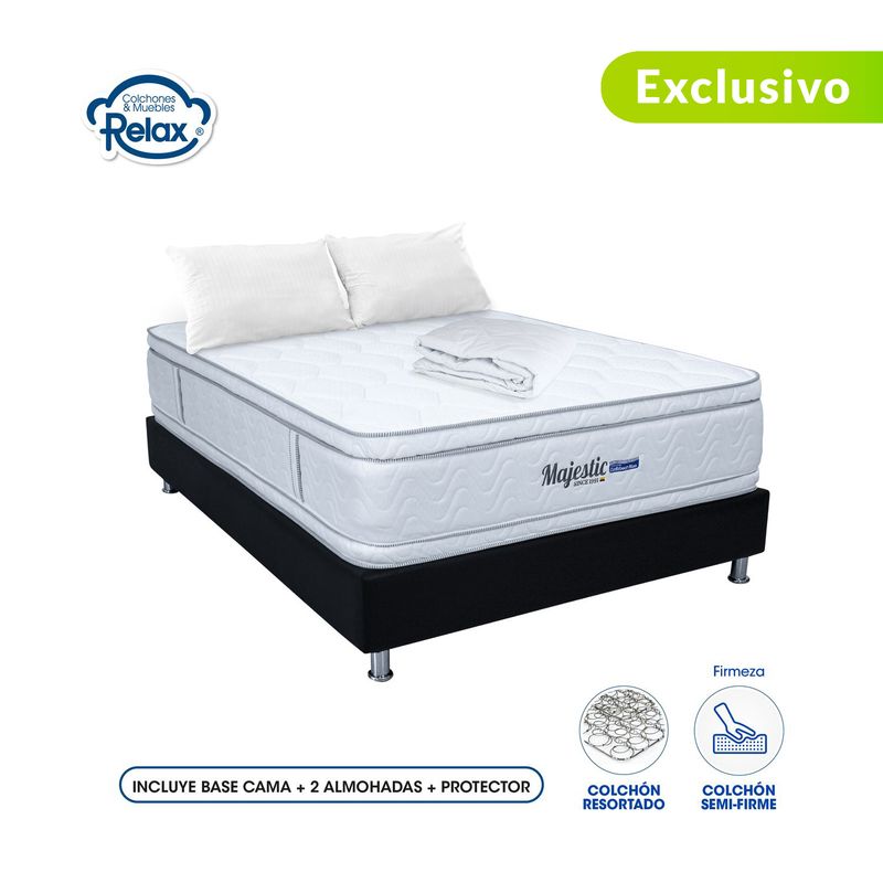 COLCHONES RELAX - Colchón con Base Cama Queen Firmeza Media Ortopédico Doble Cara Resortado Majestic 160 x 190 cm + 2 Almohadas + Protector Colchones Relax - 0% Interés a 3 Cuotas Pagando con tu CMR Banco Falabella