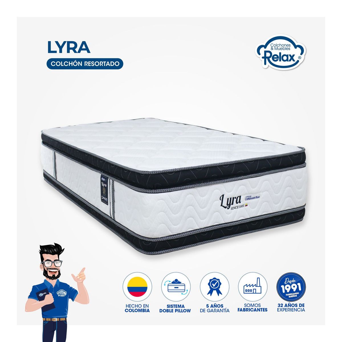 COLCHONES RELAX - Colchón SemiDoble Firmeza Media Ortopédico Doble Cara Resortado Lyra 120 x 190 cm Colchones Relax