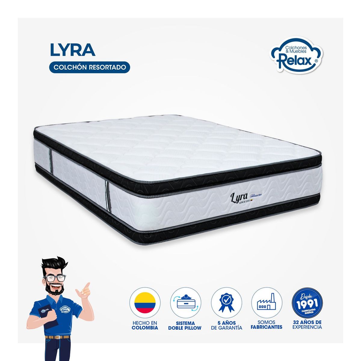 COLCHONES RELAX - Colchón Doble Firmeza Media Ortopédico Doble Pillow Resortado Lyra 140 x 190 cm Colchones Relax