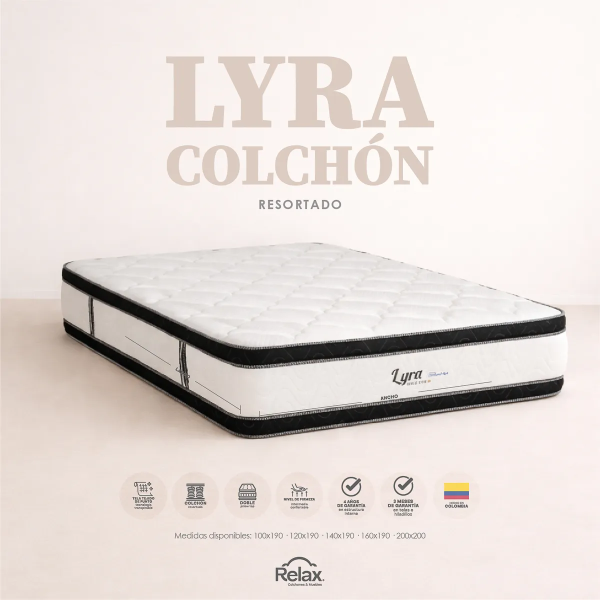 COLCHONES RELAX - Colchón Relax Queen 160X190X35Cm Firmeza Media Lyra