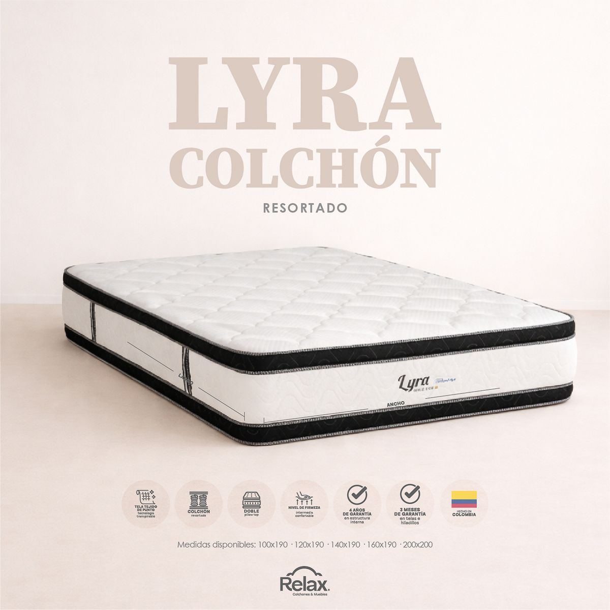 COLCHONES RELAX - Colchón Doble Firmeza Media Ortopédico Doble Pillow Espumado Lyra 140 x 190 cm + Almohada + Protector Colchones Relax
