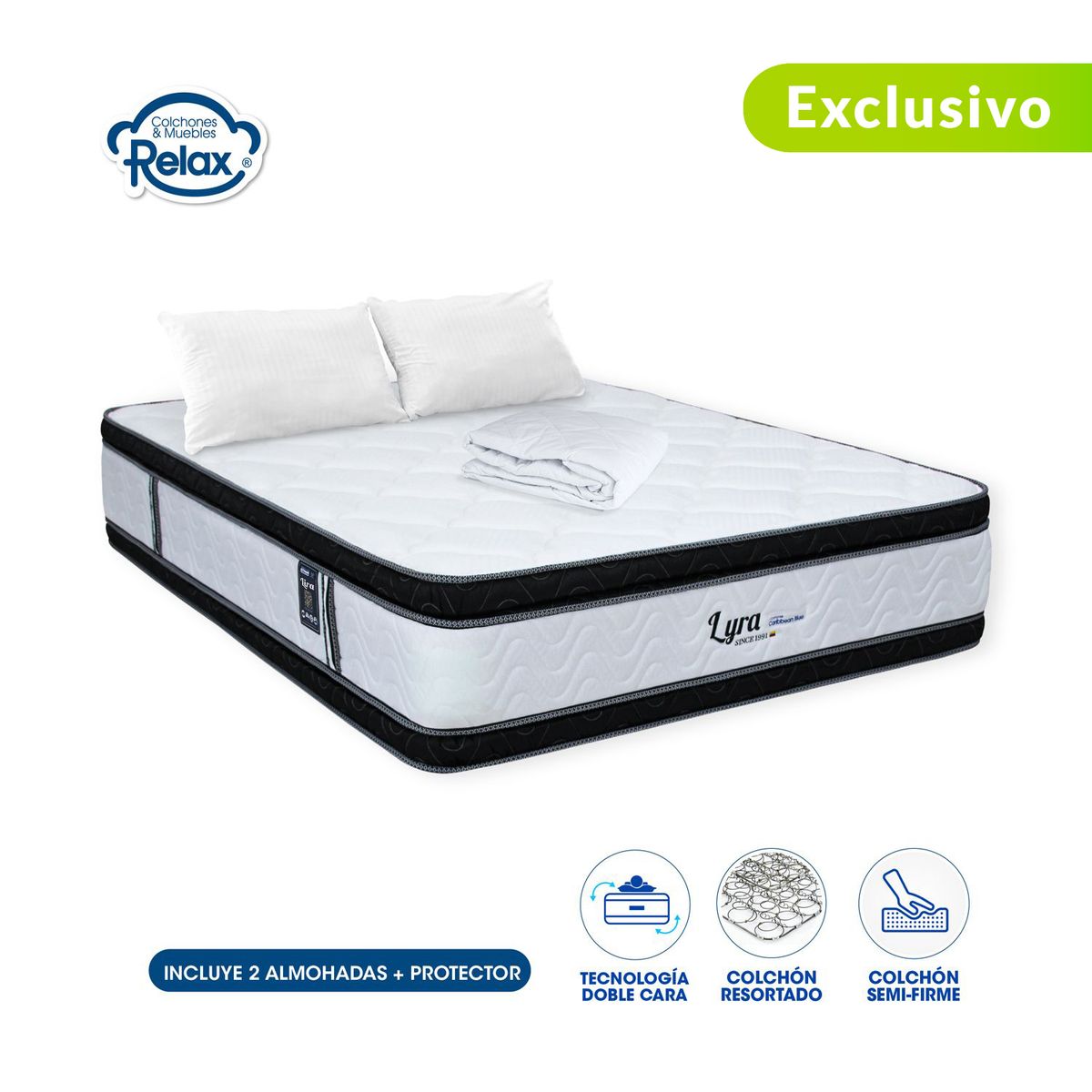 COLCHONES RELAX - Colchón Queen Firmeza Media Ortopédico Doble Cara Resortado Lyra 160 x 190 cm + 2 Almohadas + Protector Colchones Relax