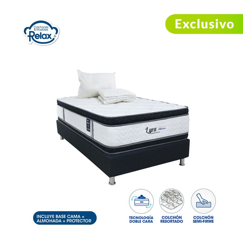 COLCHONES RELAX - Colchón con Base Cama SemiDoble Firmeza Media Ortopédico Doble Cara Resortado Lyra 120 x 190 cm + Almohada + Protector Colchones Relax - 0% Interés a 3, 6 o 12 Cuotas Pagando con tu CMR Banco Falabella