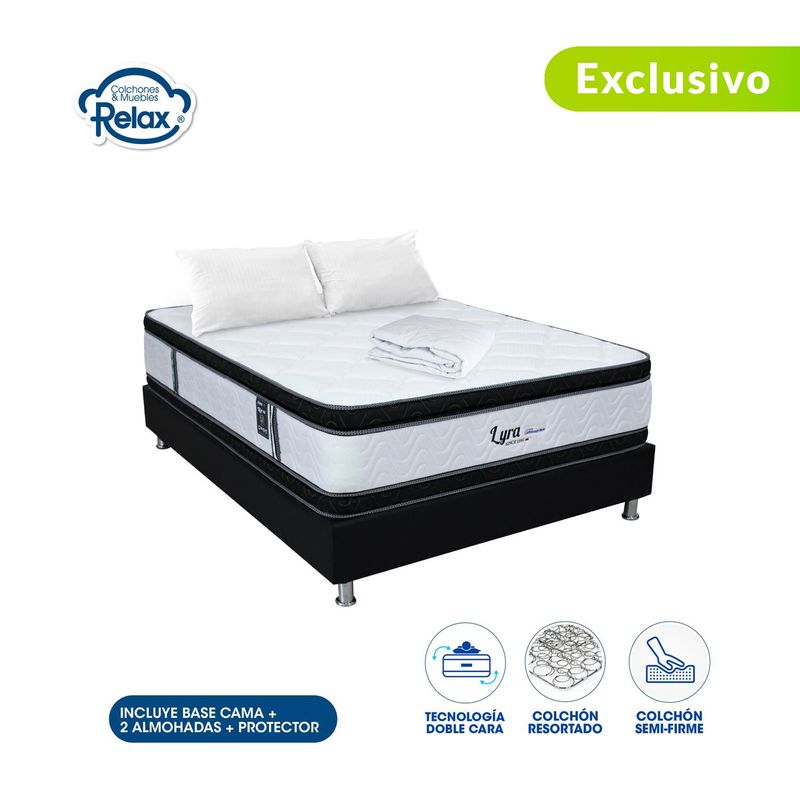 COLCHONES RELAX - Colchón con Base Cama Doble Firmeza Media Ortopédico Doble Pillow Resortado Lyra 140 x 190 cm + 2 Almohadas + Protector Colchones Relax - 0% Interés a 3, 6 o 12 Cuotas Pagando con tu CMR Banco Falabella