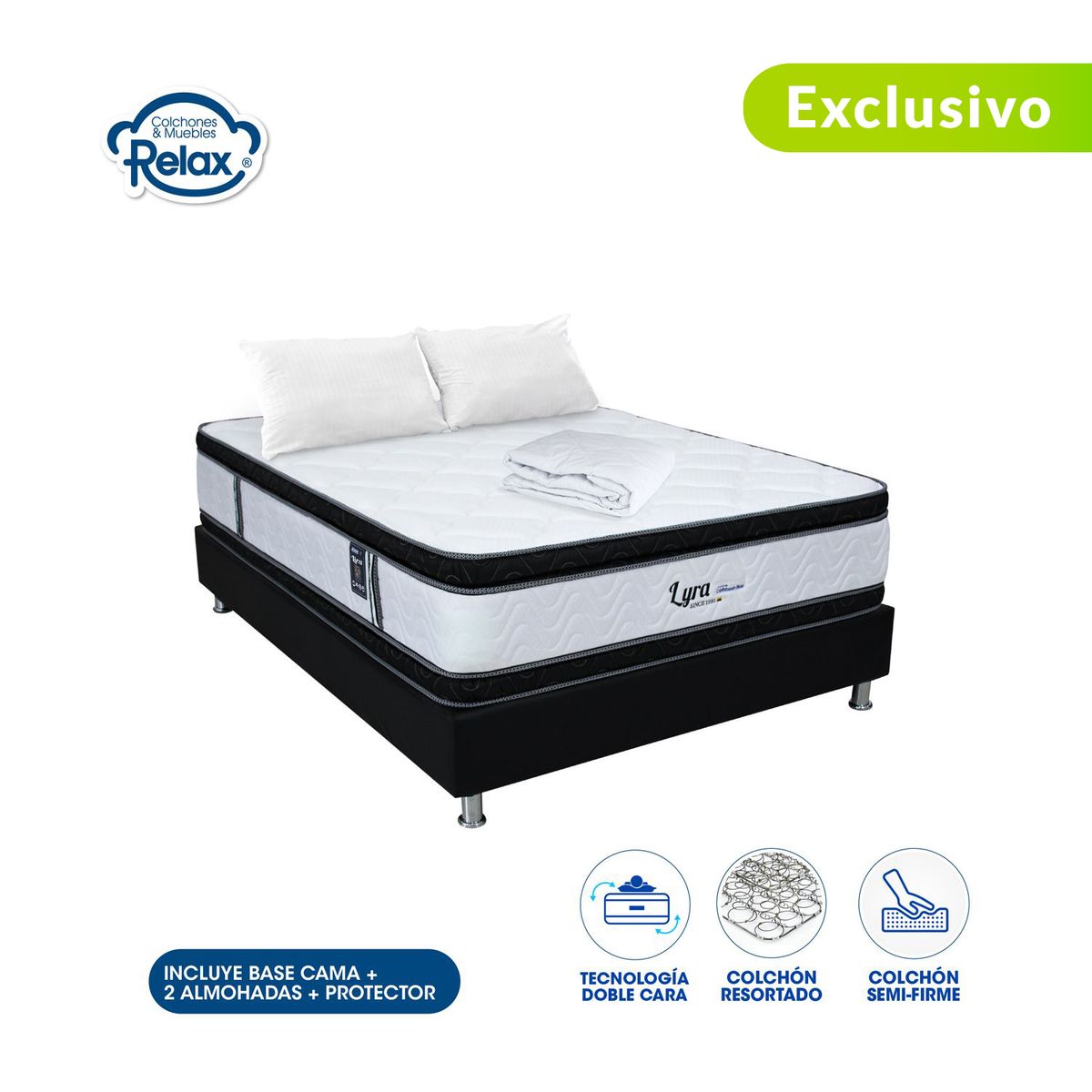 COLCHONES RELAX - Colchón con Base Cama Queen Firmeza Media Ortopédico Doble Cara Resortado Lyra 160 x 190 cm + 2 Almohadas + Protector Colchones Relax