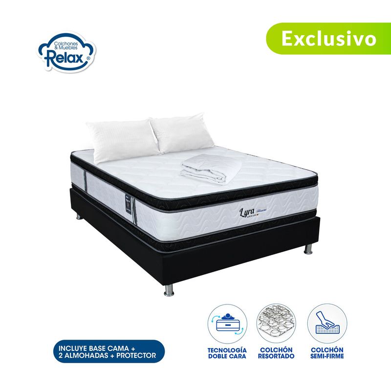 COLCHONES RELAX - Colchón con Base Cama Queen Firmeza Media Ortopédico Doble Cara Resortado Lyra 160 x 190 cm + 2 Almohadas + Protector Colchones Relax