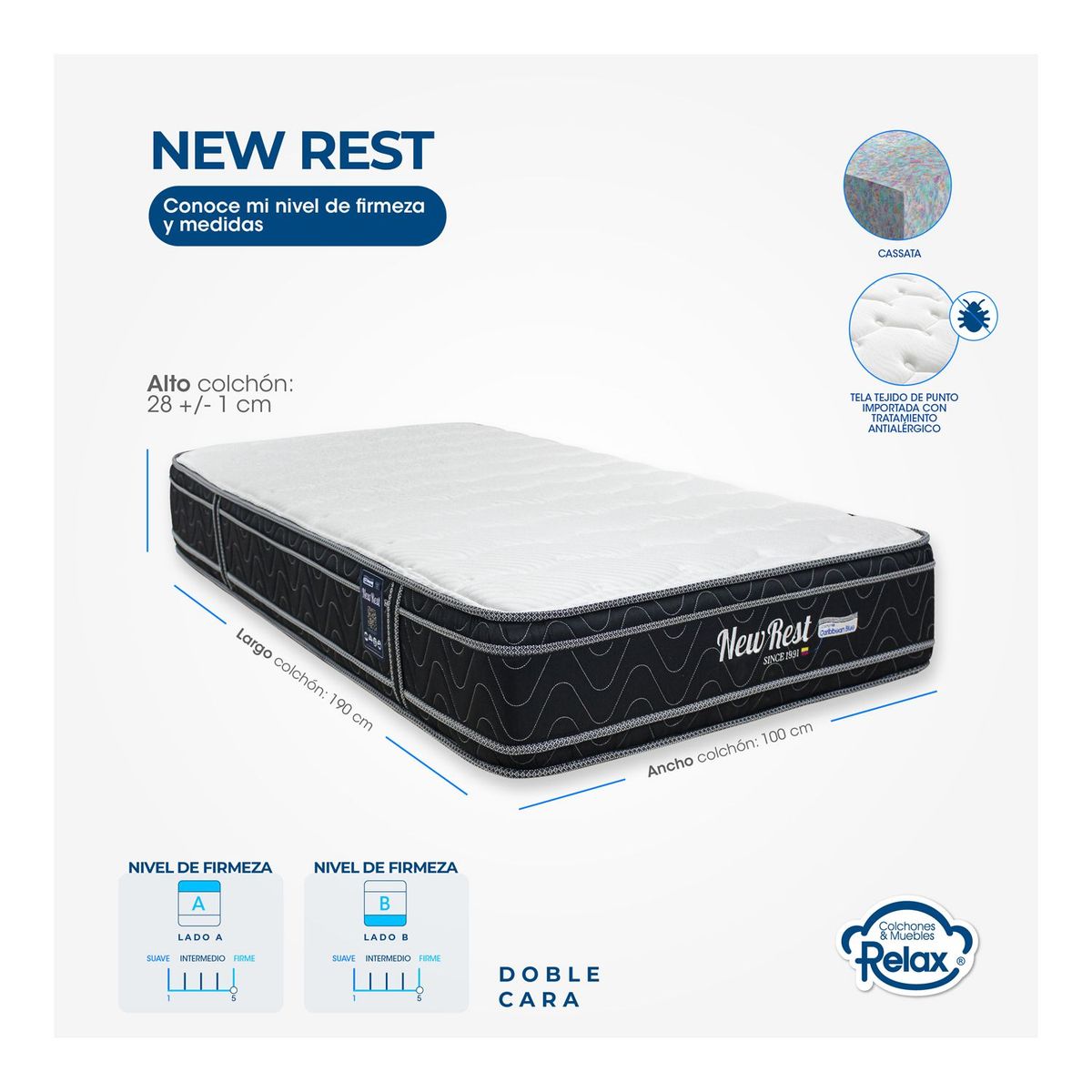COLCHONES RELAX - Colchón Sencillo Firme Doble Pillow Espumado New Rest 100 x 190 cm Colchones Relax