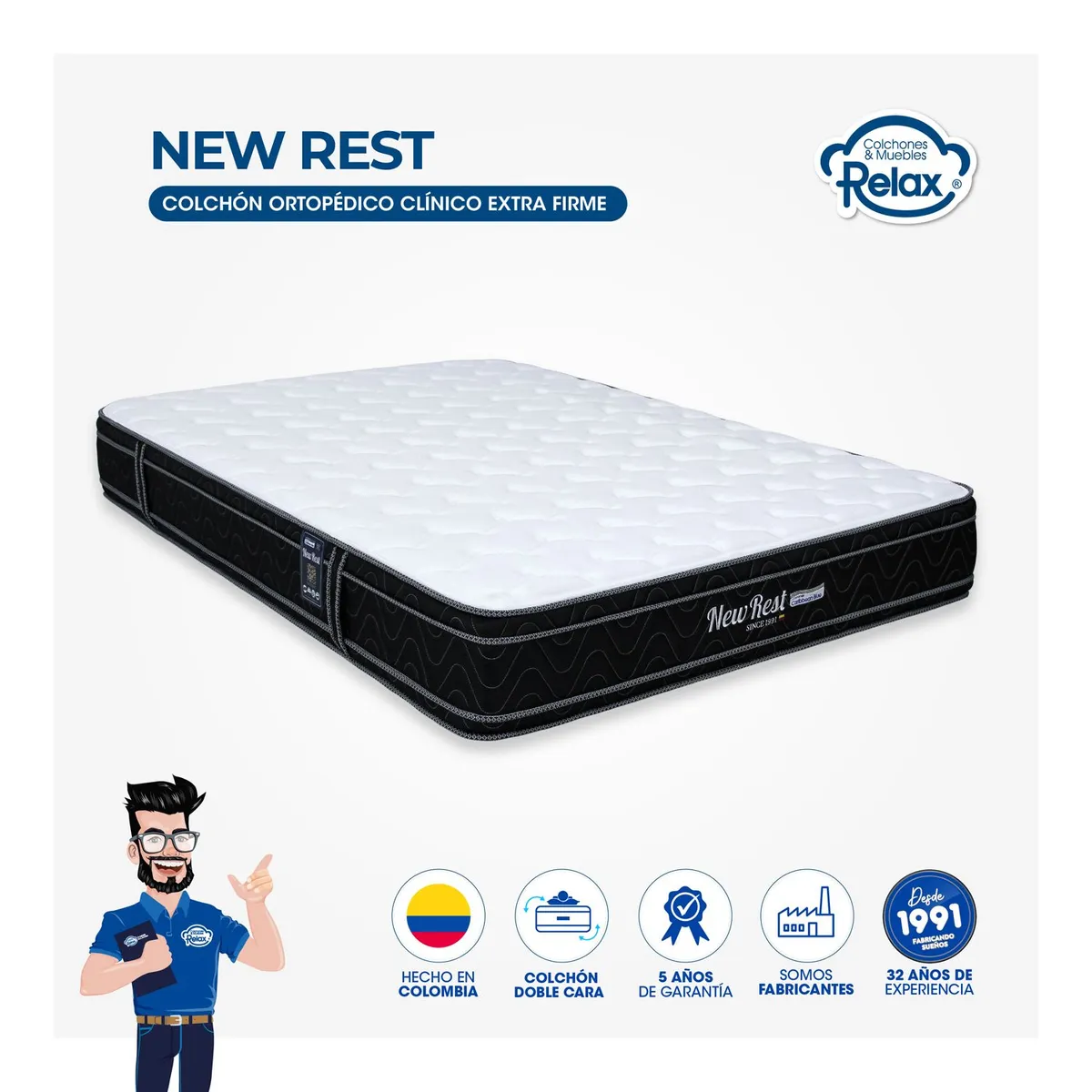 COLCHONES RELAX - Colchón Doble Firme Doble Pillow Espumado New Rest 140 x 190 cm Colchones Relax