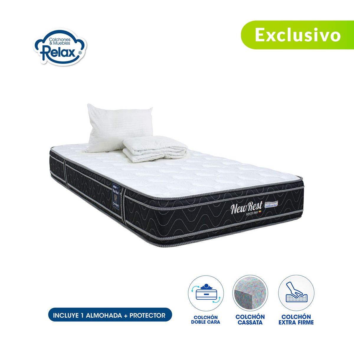 COLCHONES RELAX - Colchón Sencillo Firme Doble Pillow Espumado New Rest 100 x 190 cm + Almohada + Protector Colchones Relax
