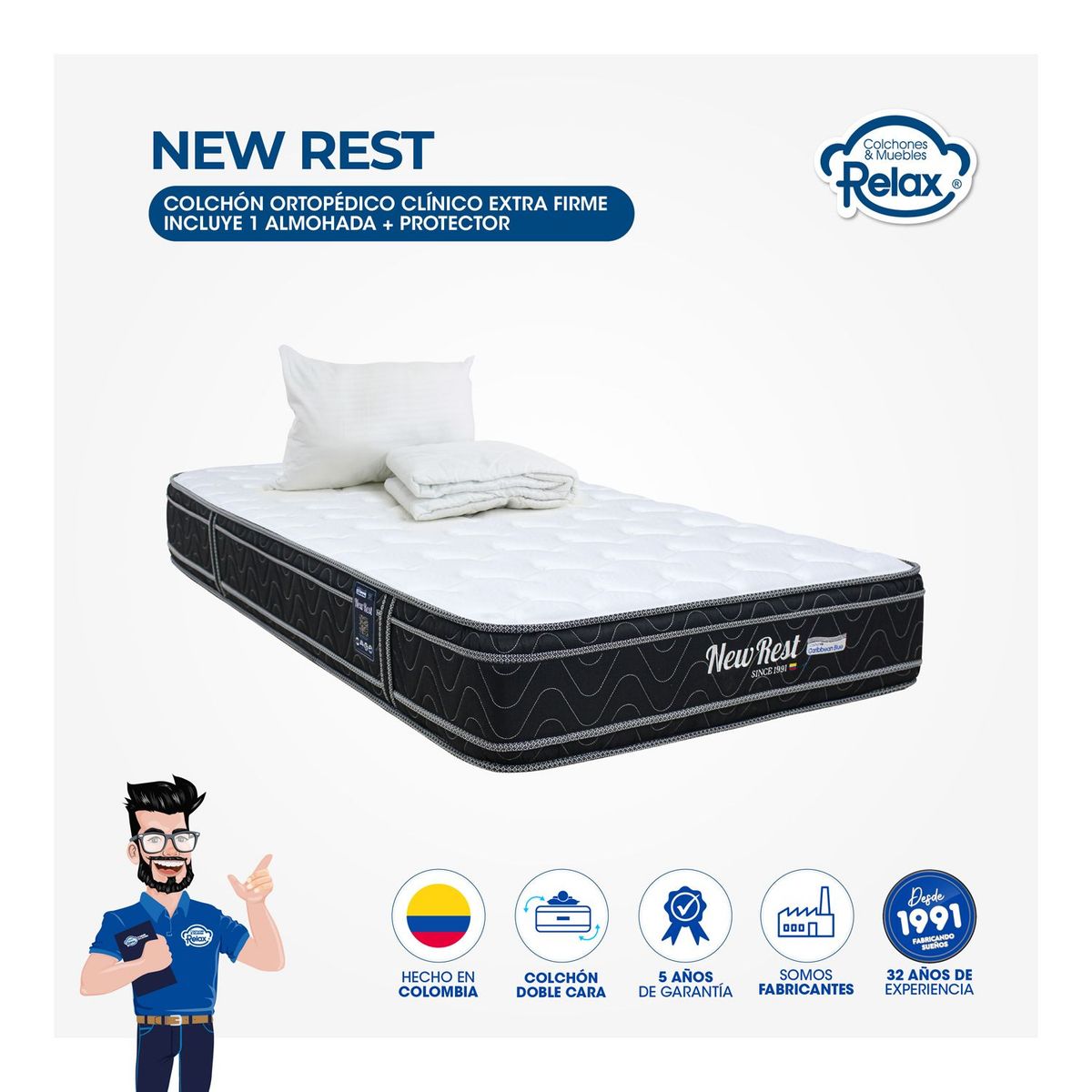 COLCHONES RELAX - Colchón Sencillo Firme Doble Pillow Espumado New Rest 100 x 190 cm + Almohada + Protector Colchones Relax