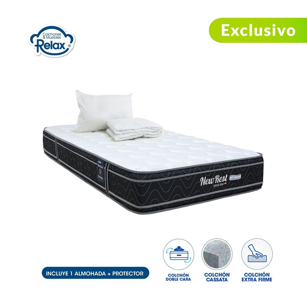 COLCHONES RELAX - Colchón Semidoble Firme Ortopédico Espumado New Rest 120 x 190 cm + Almohada + Protector Colchones Relax