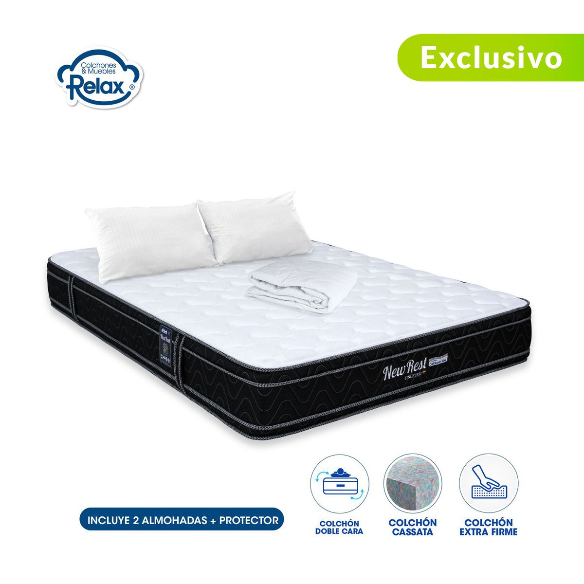 COLCHONES RELAX - Colchón Queen Firme Doble Pillow Espumado New Rest 160 x 190 cm + 2 Almohadas + Protector Colchones Relax