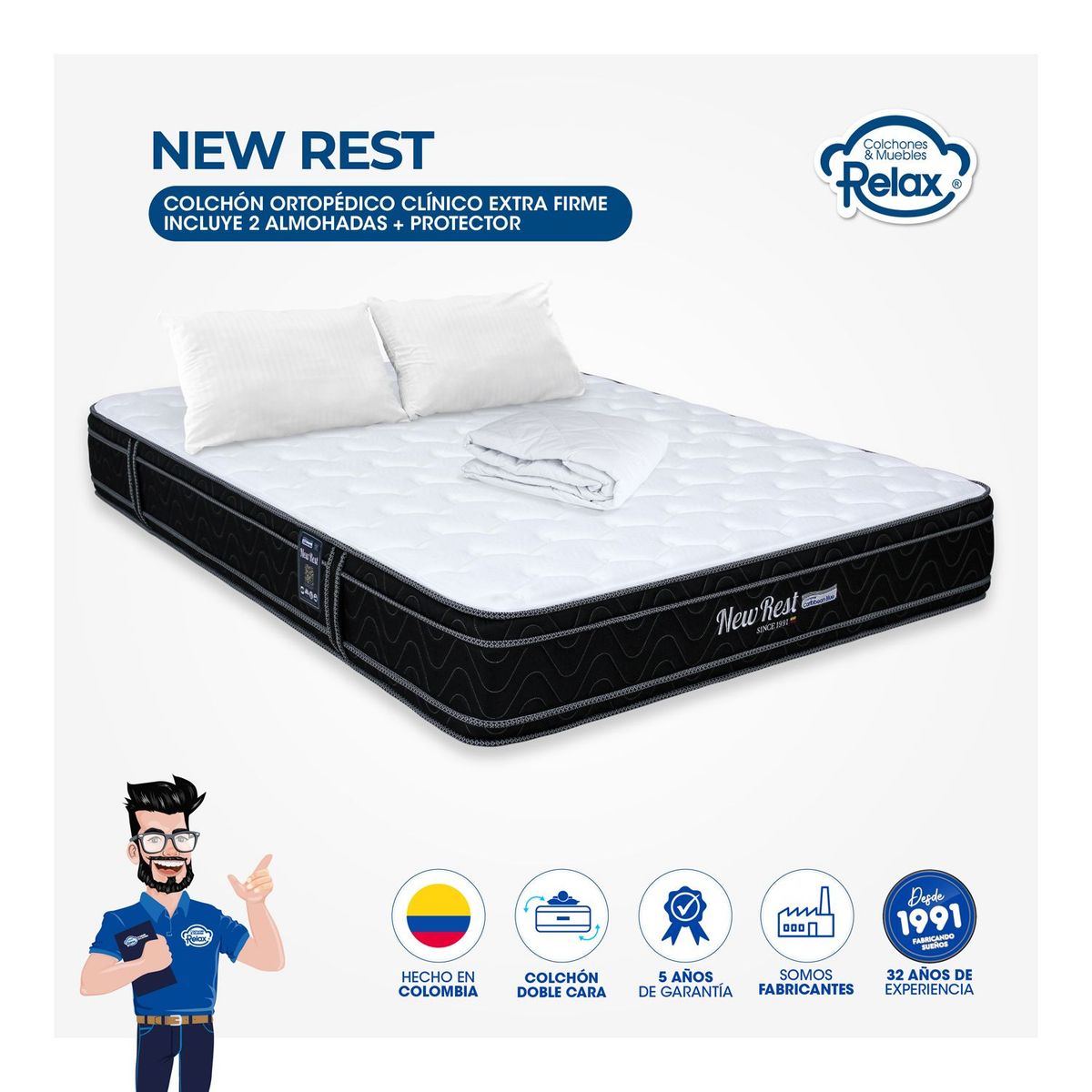 COLCHONES RELAX - Colchón Queen Firme Doble Pillow Espumado New Rest 160 x 190 cm + 2 Almohadas + Protector Colchones Relax