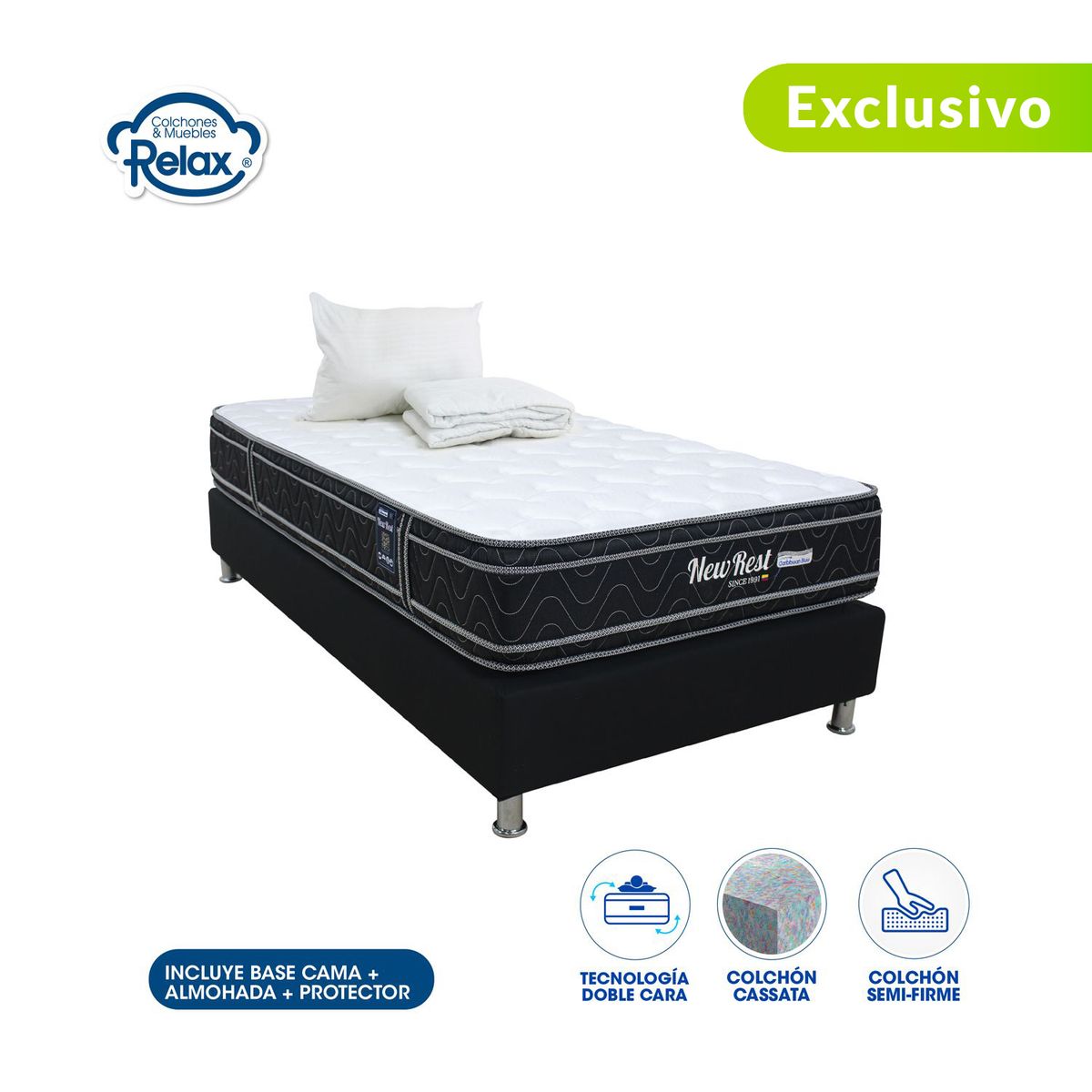 COLCHONES RELAX - Colchón con Base Cama Sencillo Firme Ortopédico Espumado New Rest 100 x 190 cm + Almohada + Protector Colchones Relax