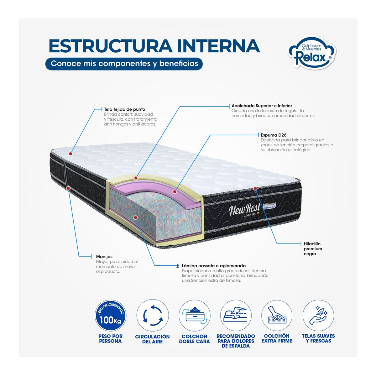 COLCHONES RELAX - Colchón con Base Cama Sencillo Firme Ortopédico Espumado New Rest 100 x 190 cm + Almohada + Protector Colchones Relax