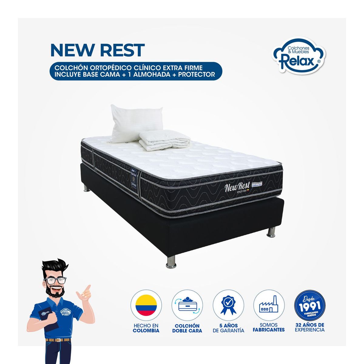 COLCHONES RELAX - Colchón con Base Cama Doble Firme Ortopédico Espumado New Rest 140 x 190 cm + Almohada + Protector Colchones Relax