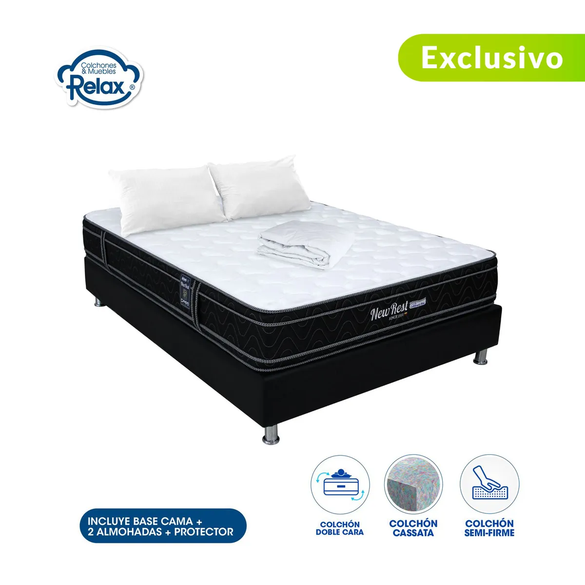 COLCHONES RELAX - Colchón con Base Cama Doble Firme Doble Pillow Espumado New Rest 140 x 190 cm + 2 Almohadas + Protector Colchones Relax