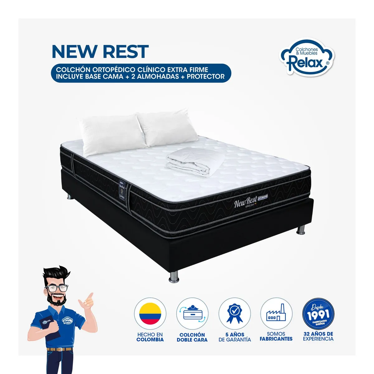 COLCHONES RELAX - Colchón con Base Cama Queen Firme Doble Pillow Espumado New Rest 160 x 190 cm + 2 Almohadas + Protector Colchones Relax