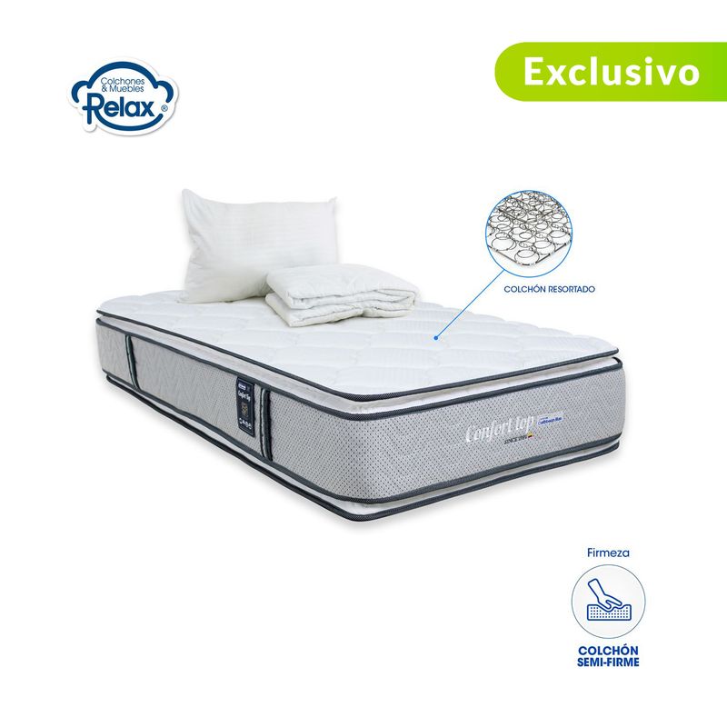 COLCHONES RELAX - Colchón Sencillo Semi-Firme Ortopédico Doble Cara Resortado Confort Top 100 x 190 cm + Almohada + Protector Colchones Relax - 0% Interés a 3 Cuotas Pagando con tu CMR Banco Falabella