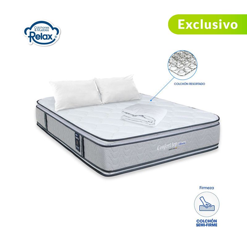 COLCHONES RELAX - Colchón Doble Semi-Firme Ortopédico Doble Cara Resortado Confort Top 140 x 190 cm + 2 Almohadas + Protector Colchones Relax - 0% Interés a 3 Cuotas Pagando con tu CMR Banco Falabella
