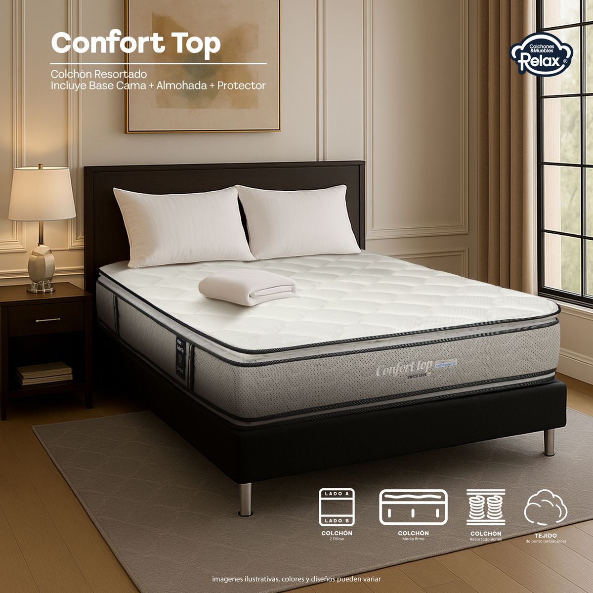 COLCHONES RELAX - Colchón con Base Cama SemiDoble Semi-Firme Ortopédico Doble Cara Resortado Confort Top 120 x 190 cm + Almohada + Protector Colchones Relax