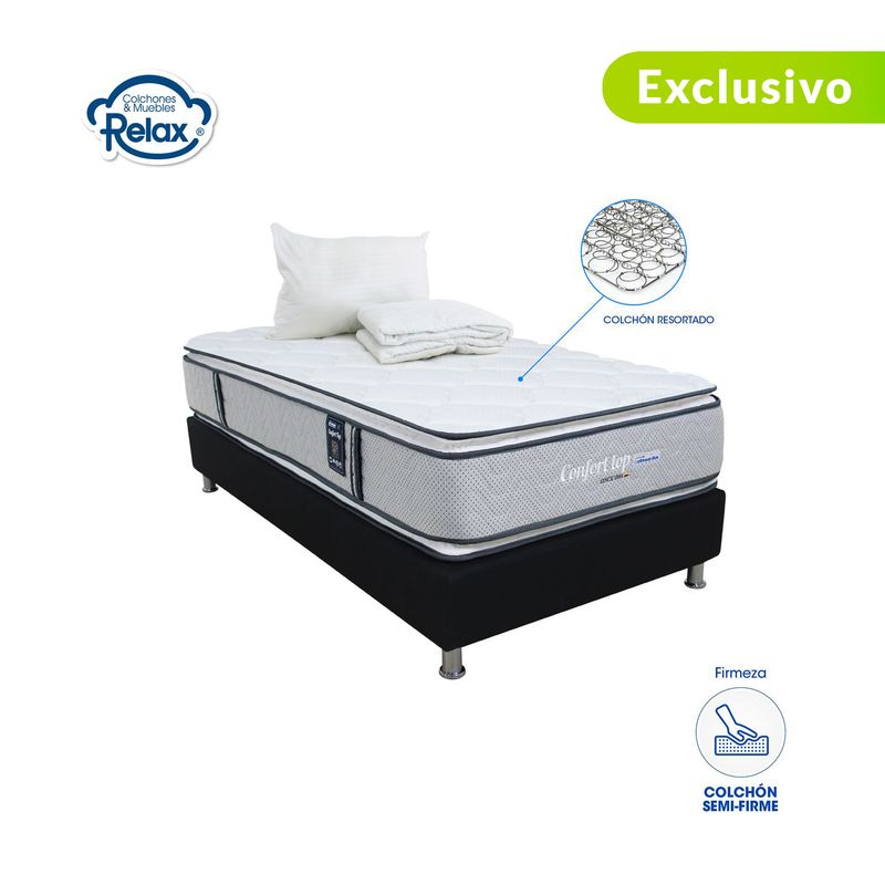COLCHONES RELAX - Colchón con Base Cama SemiDoble Semi-Firme Ortopédico Doble Cara Resortado Confort Top 120 x 190 cm + Almohada + Protector Colchones Relax - 0% Interés a 3 o 6 Cuotas Pagando con tu CMR Banco Falabella 
