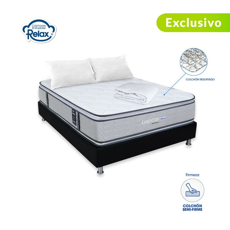 COLCHONES RELAX - Colchón con Base Cama Doble Semi-Firme Ortopédico Doble Cara Resortado Confort Top 140 x 190 cm + 2 Almohadas + Protector Colchones Relax - 0% Interés a 3 Cuotas Pagando con tu CMR Banco Falabella
