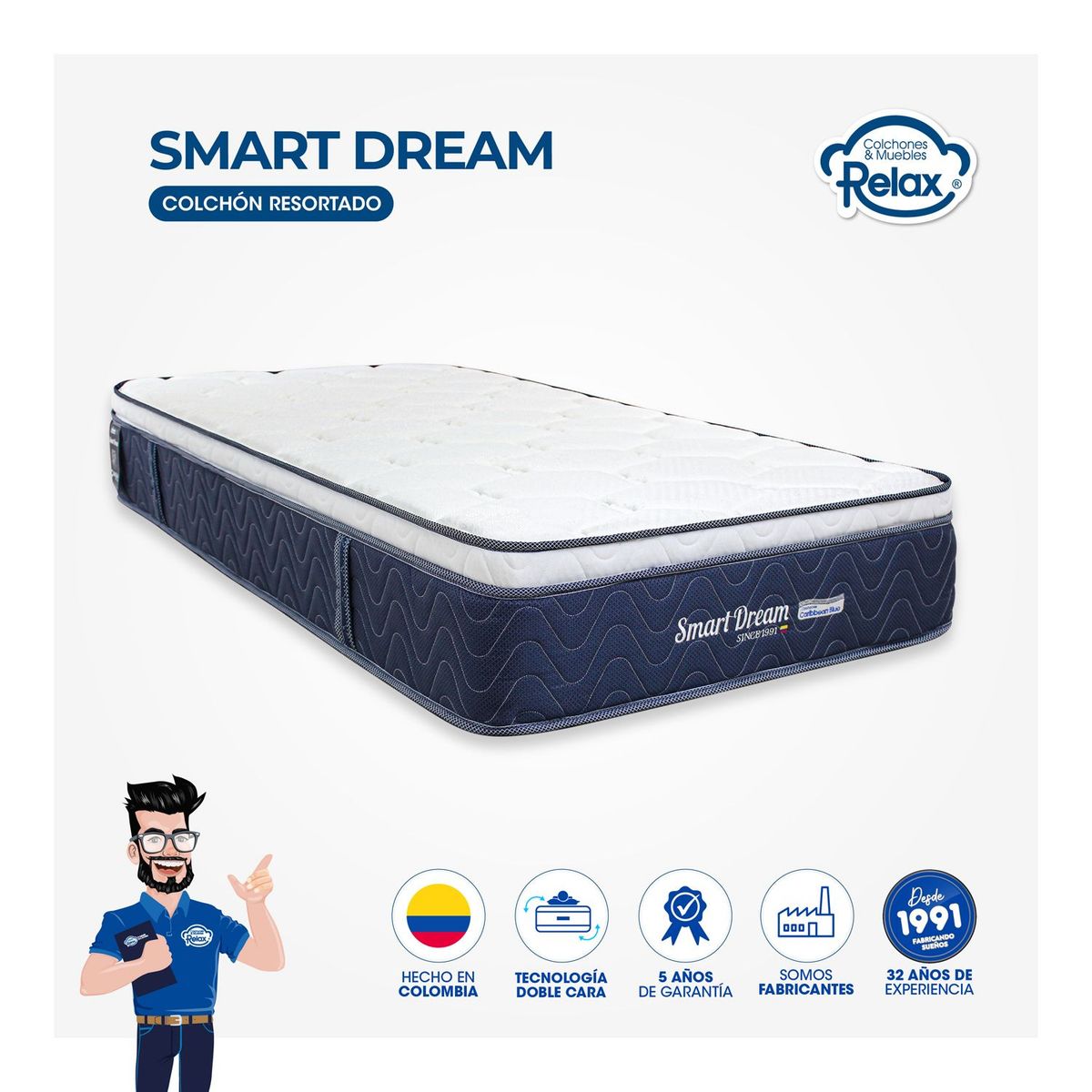 COLCHONES RELAX - Colchón SemiDoble Firmeza Media Ortopédico con Pillow Resortado Smart Dream 120 x 190 cm Colchones Relax