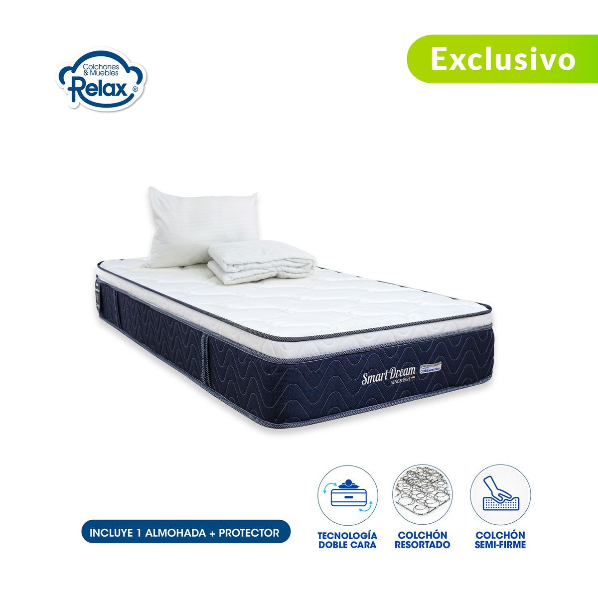 COLCHONES RELAX - Colchón Sencillo Firmeza Media Ortopédico con Pillow Resortado Smart Dream 100 x 190 cm + Almohada + Protector Colchones Relax