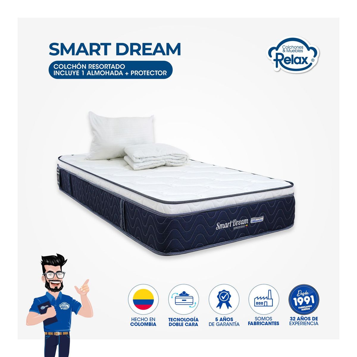 COLCHONES RELAX - Colchón Sencillo Firmeza Media Ortopédico con Pillow Resortado Smart Dream 100 x 190 cm + Almohada + Protector Colchones Relax