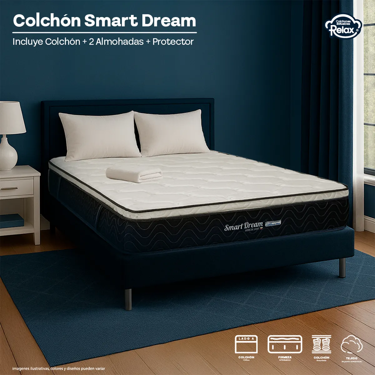 COLCHONES RELAX - Colchón Doble Firmeza Media Ortopédico con Pillow Resortado Smart Dream 140 x 190 cm + 2 Almohadas + Protector Colchones Relax