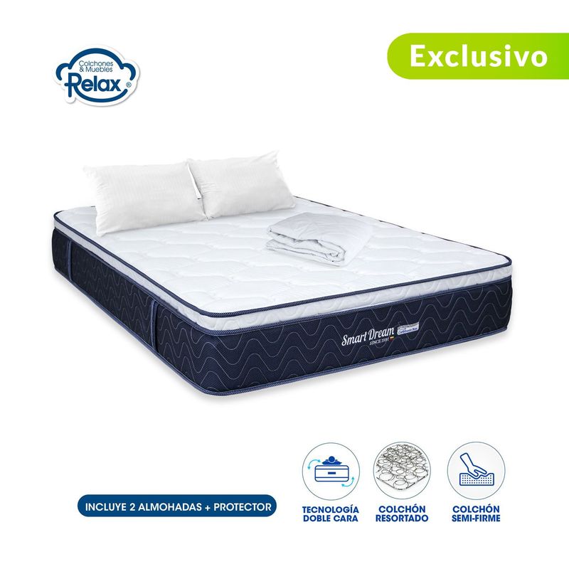 COLCHONES RELAX - Colchón Doble Firmeza Media Ortopédico con Pillow Resortado Smart Dream 140 x 190 cm + 2 Almohadas + Protector Colchones Relax - 0% Interés a 3 Cuotas Pagando con tu CMR Banco Falabella