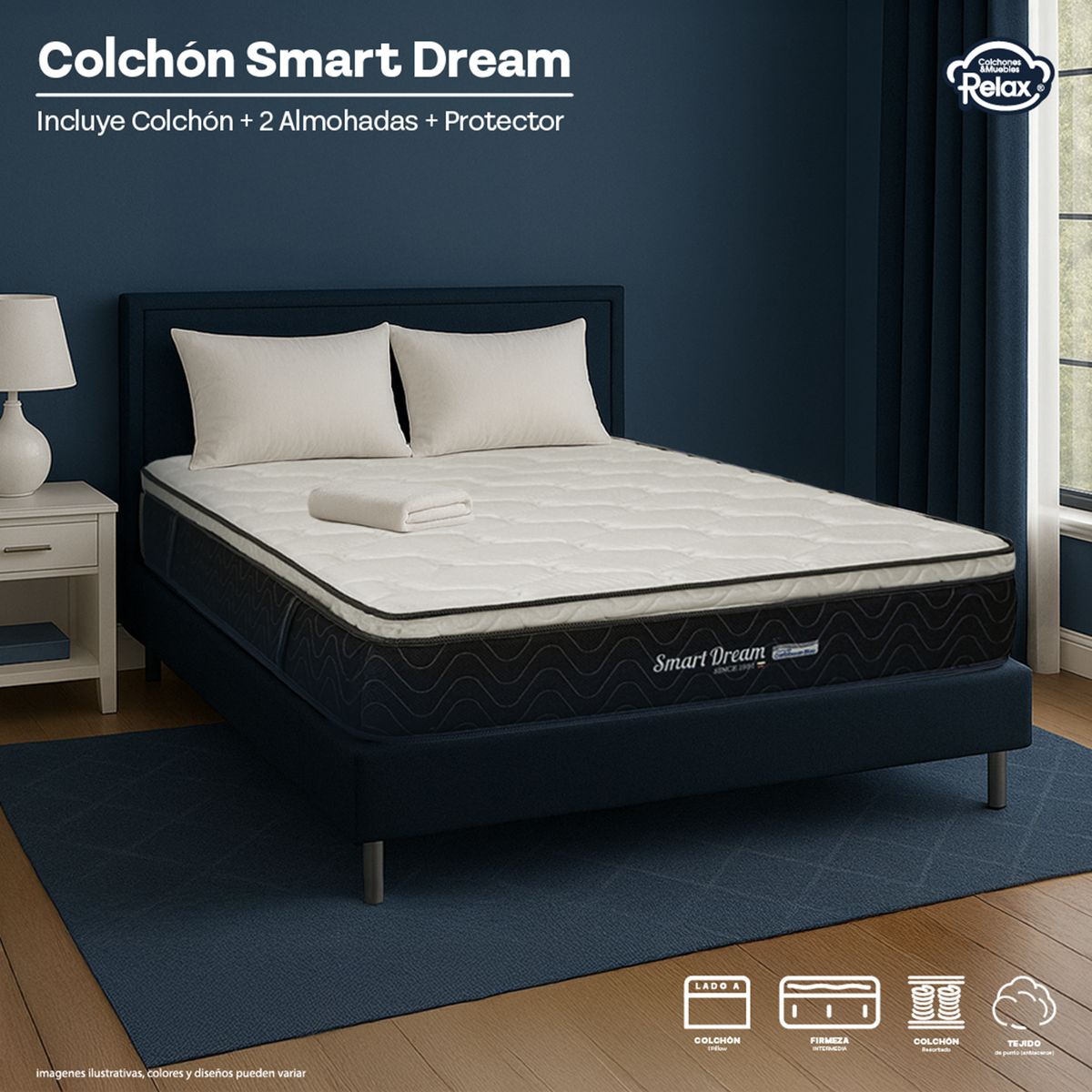 COLCHONES RELAX - Colchón Queen Firmeza Media Ortopédico con Pillow Resortado Smart Dream 160 x 190 cm + 2 Almohadas + Protector Colchones Relax