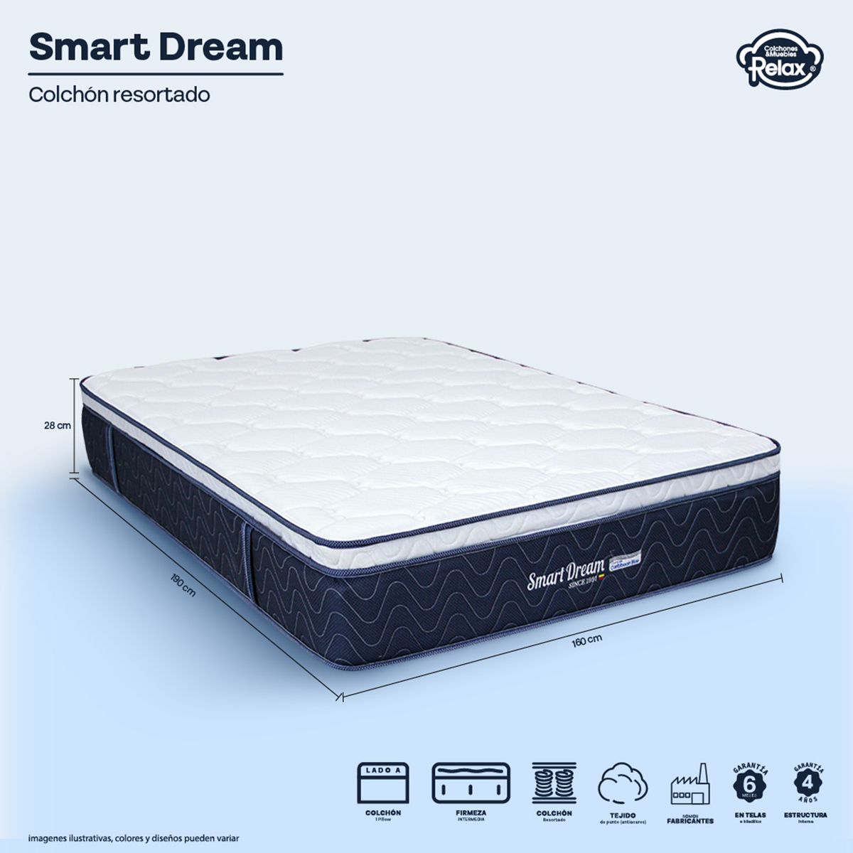 COLCHONES RELAX - Colchón Queen Firmeza Media Ortopédico con Pillow Resortado Smart Dream 160 x 190 cm + 2 Almohadas + Protector Colchones Relax