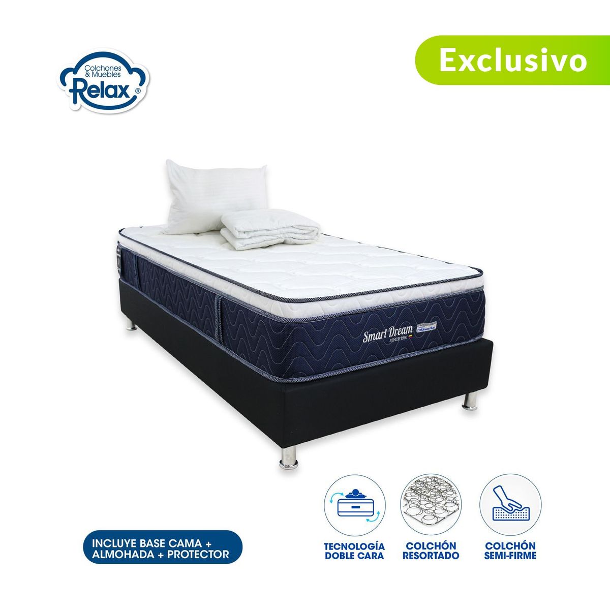 COLCHONES RELAX - Colchón con Base Cama SemiDoble Firmeza Media Ortopédico con Pillow Resortado Smart Dream 120 x 190 cm + Almohada + Protector Colchones Relax