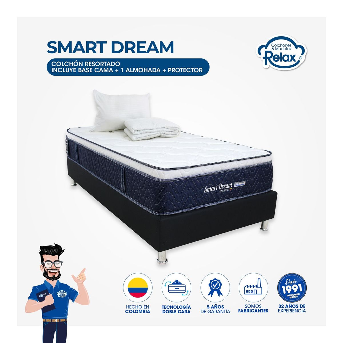 COLCHONES RELAX - Colchón con Base Cama SemiDoble Firmeza Media Ortopédico con Pillow Resortado Smart Dream 120 x 190 cm + Almohada + Protector Colchones Relax