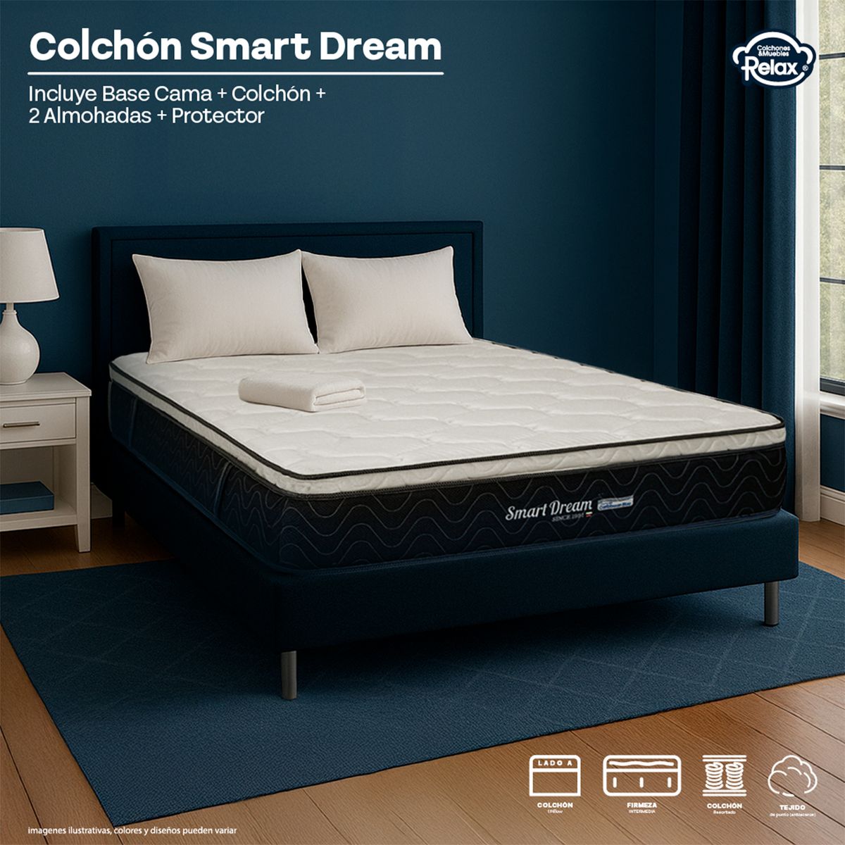 COLCHONES RELAX - Colchón con Base Cama Doble Firmeza Media Ortopédico con Pillow Resortado Smart Dream 140 x 190 cm + 2 Almohadas + Protector Colchones Relax