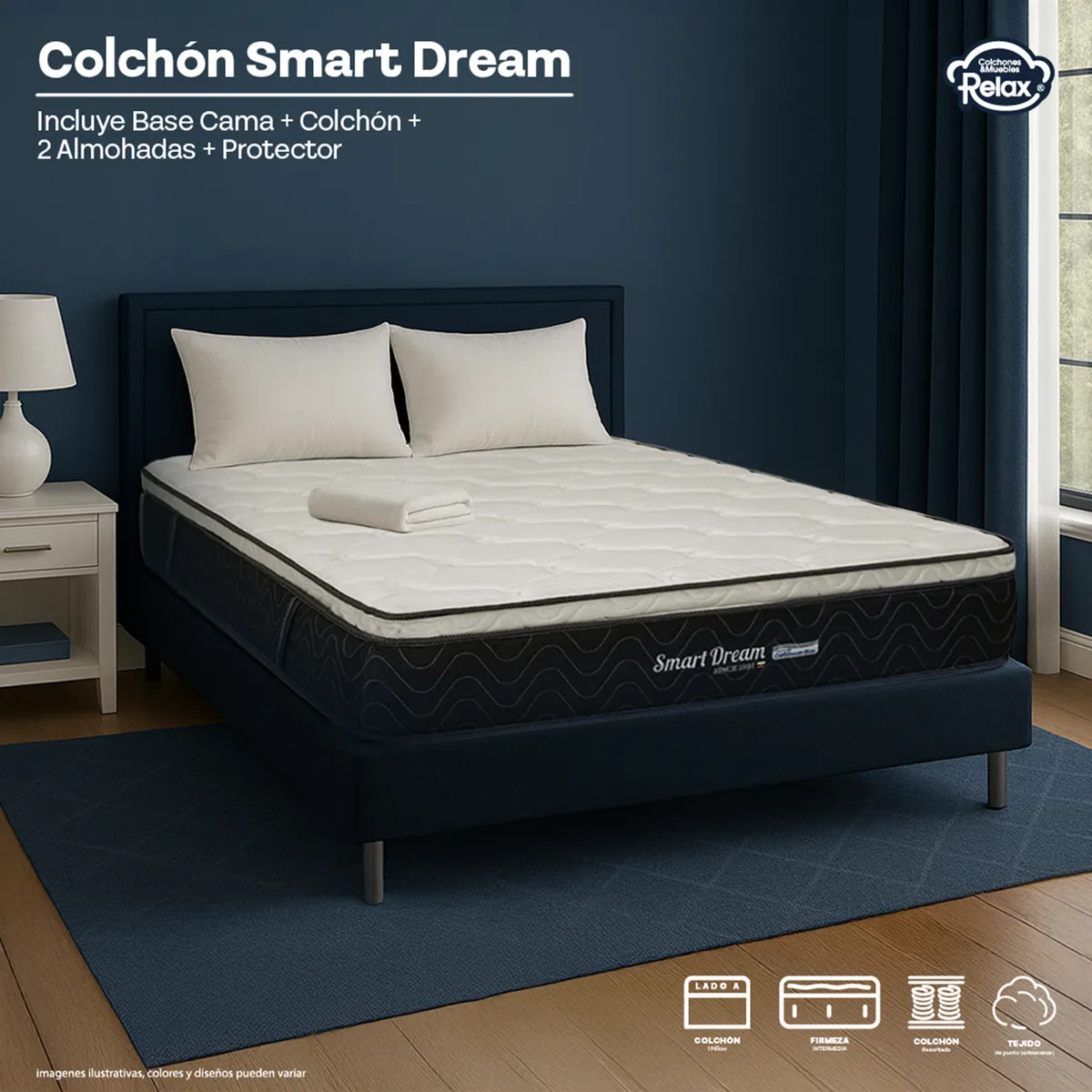 COLCHONES RELAX - Colchón con Base Cama Queen Firmeza Media Ortopédico con Pillow Resortado Smart Dream 160 x 190 cm + 2 Almohadas + Protector Colchones Relax