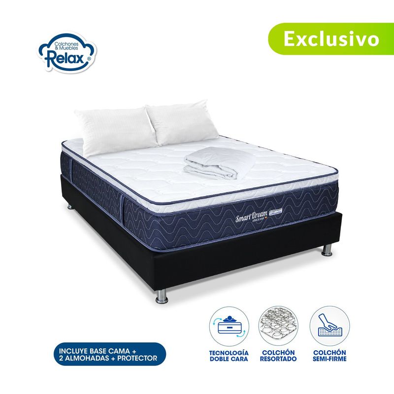 COLCHONES RELAX - Colchón con Base Cama Queen Firmeza Media Ortopédico con Pillow Resortado Smart Dream 160 x 190 cm + 2 Almohadas + Protector Colchones Relax - 0% Interés a 3 Cuotas Pagando con tu CMR Banco Falabella