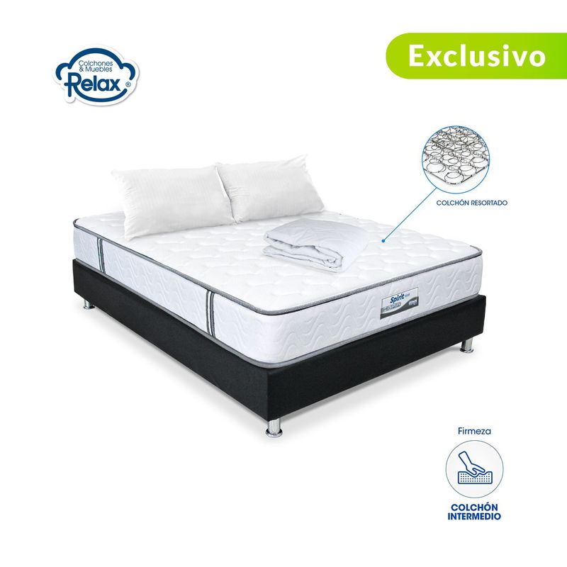 COLCHONES RELAX - Colchón con Base Cama Doble Firmeza Media Ortopédico Resortado Spirit 140 x 190 cm + 2 Almohadas + Protector Colchones Relax - Compra Sin Interes, Te Devolvemos el 100% de los Intereses Pagando con Tarjeta CMR Banco Falabella a 3 Cuotas